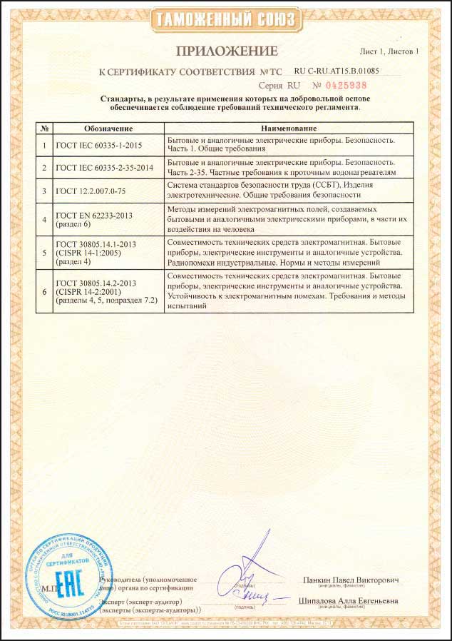 Приложение к сертификату таможенного союза